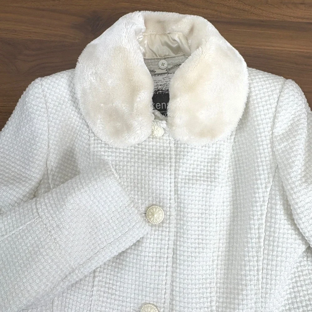 Kensie Womens Pea Coat Faux Fur Removable Collar White Peplum Waffle Knit Size L